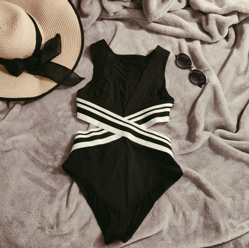 Black and White Cutout One Piece Bathing Suit